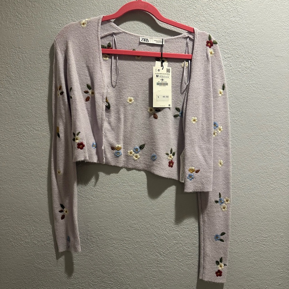 Lavender Cardigan with Floral Embroidery